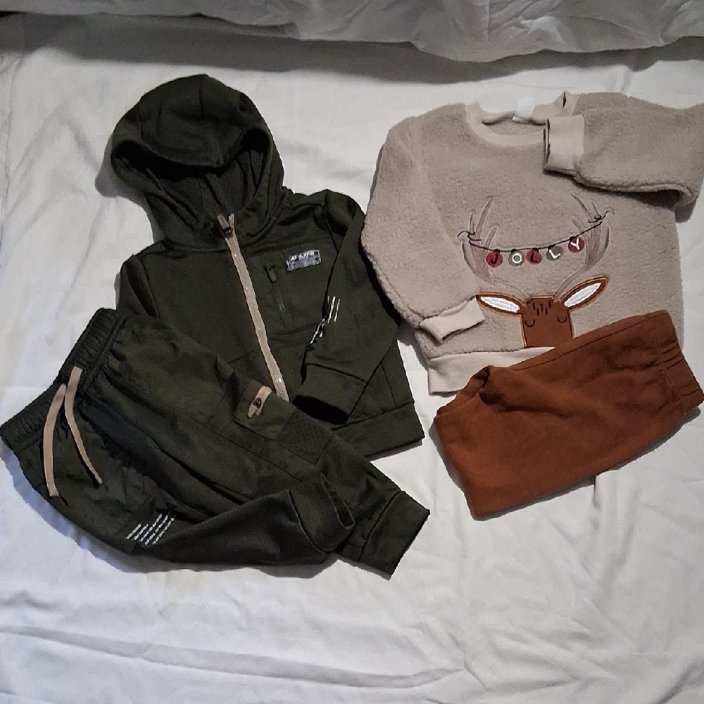 Kids' Green Tracksuit and Reindeer Sweater Set